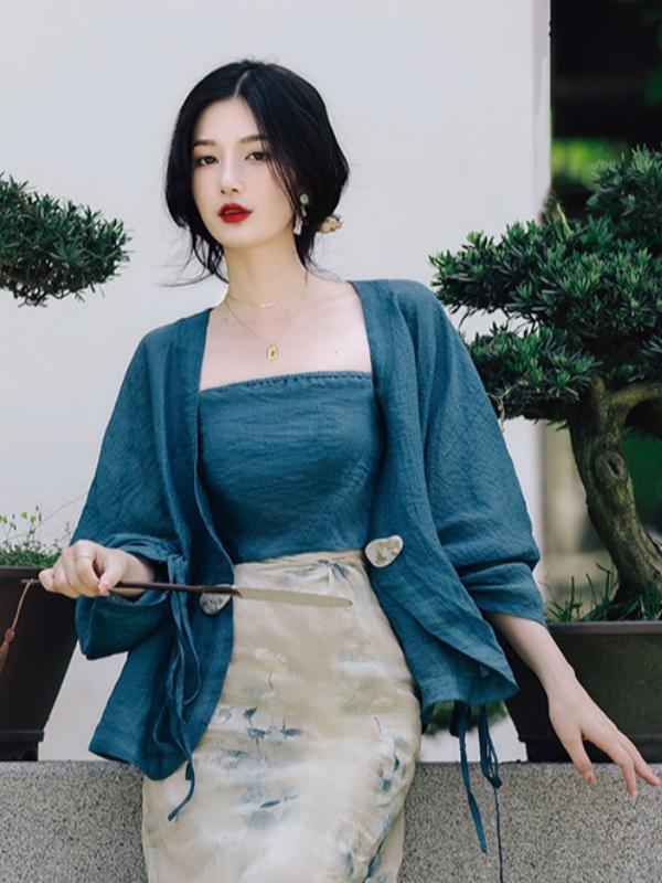 Vintage Fashion In Chinese - Conjunto de Saia e Cardigã Aberto