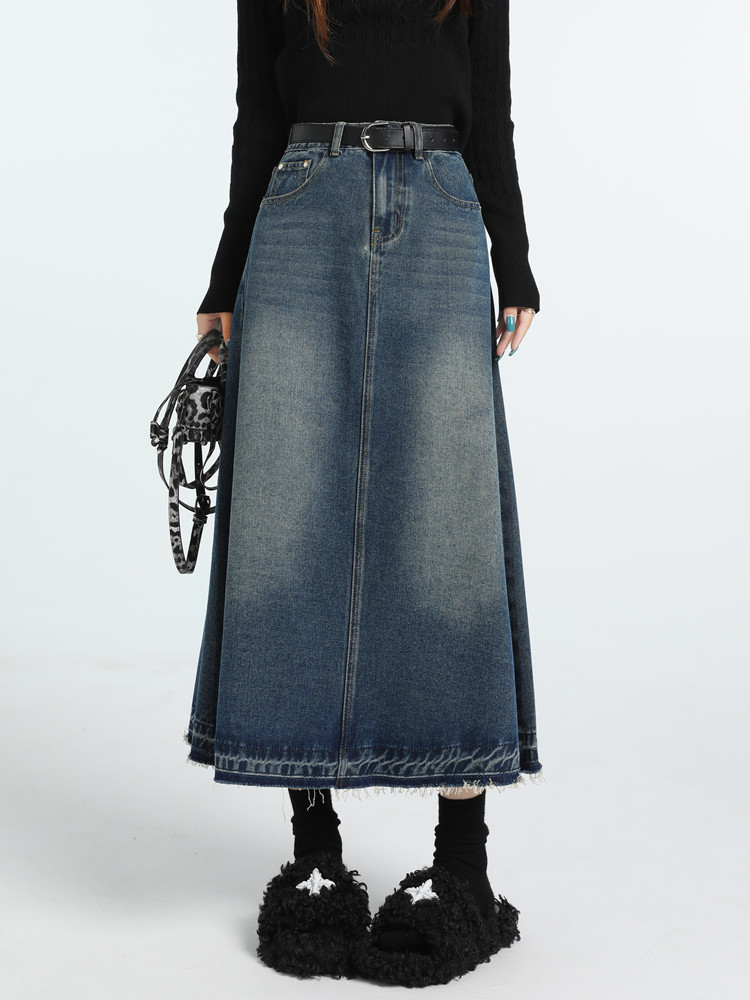 Denim Skirt Midi Vintage - Cintura alta vintage a linha jeans