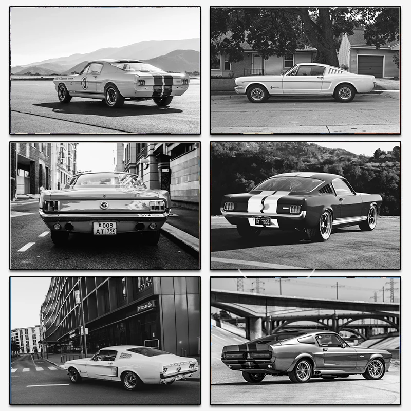 Vintage Fashion Illustrations - Preto e branco ford mustang clássico