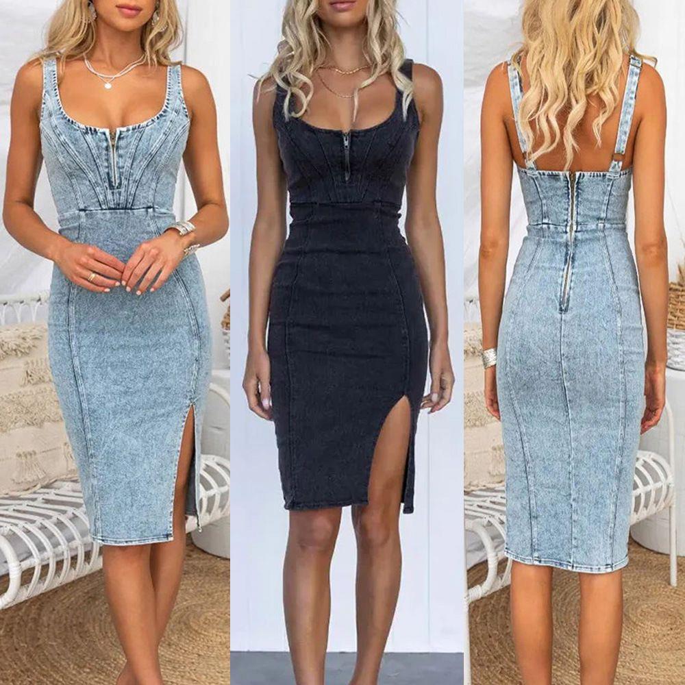 Denim Skirt Midi Vintage - Vestido Jeans Vintage 2023 com Decote