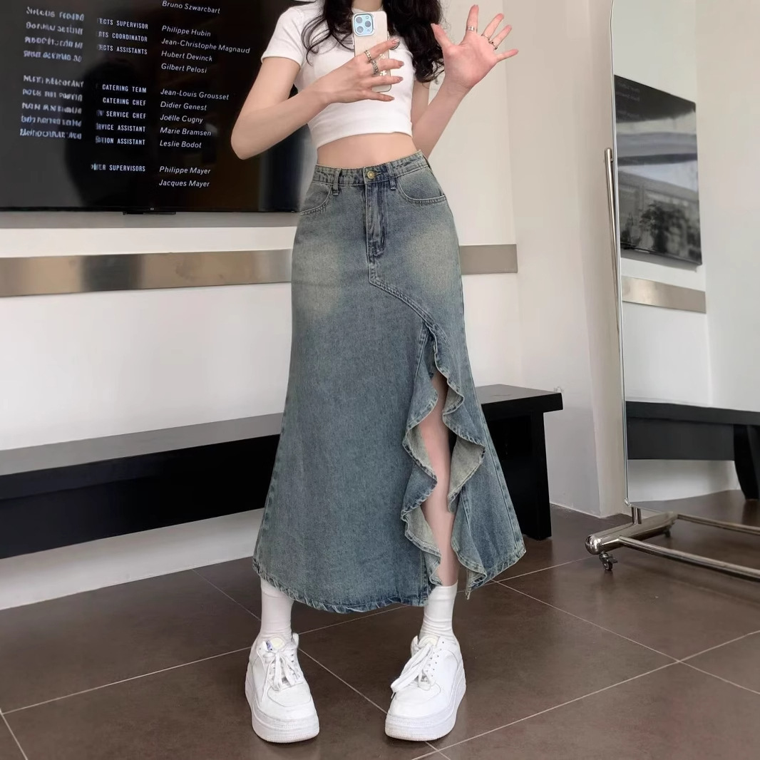 Denim Skirt Midi Vintage - Saia Midi Feminina Coreana de Cintura