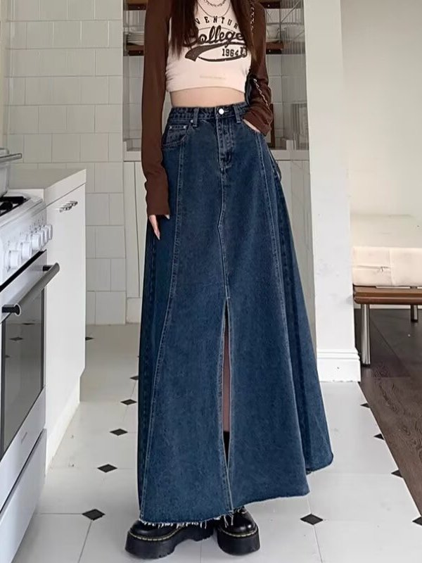 Saia Jeans  de Cintura Alta co - Denim Skirt Midi Vintage avaliação e preço