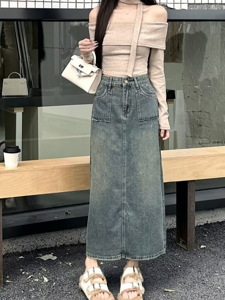 Saia Jeans Midi de Cintura Alt - Denim Skirt Midi Vintage avaliação e preço