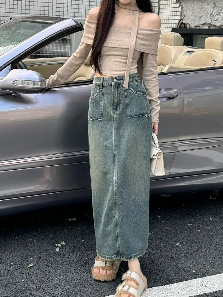 Saia Jeans Midi de Cintura Alt - Denim Skirt Midi Vintage avaliação e preço