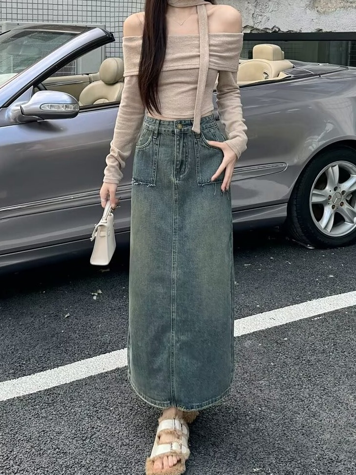 Saia Jeans Midi de Cintura Alt - Denim Skirt Midi Vintage avaliação e preço