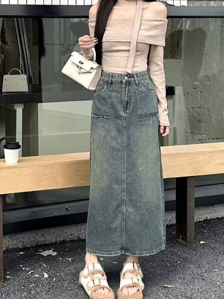 Saia Jeans Midi de Cintura Alt - Denim Skirt Midi Vintage avaliação e preço